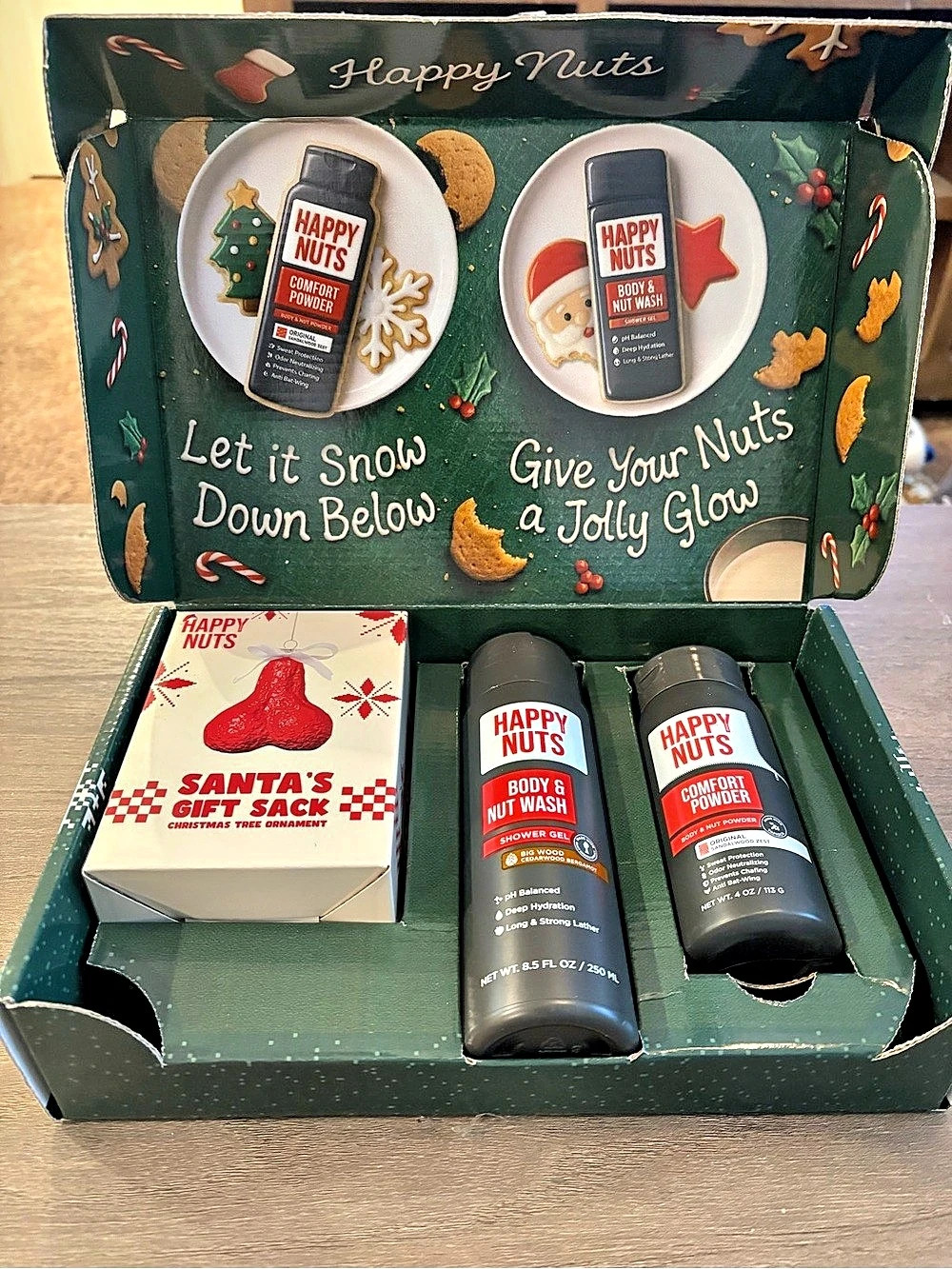 Happy Nuts Festive Holiday Gift Box for Men with Comfort Powder, Body Wash &